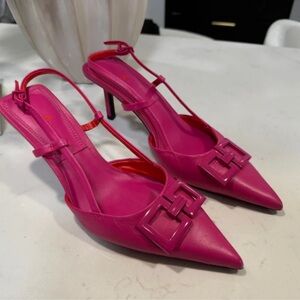 Zara Bright Pink Pointed Slingback Heels with Buckle Detail